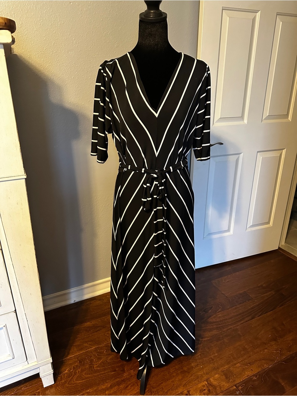 Chaus Black and White Striped V-Neck Tie-Waist Maxi Dress